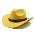 Detail of yellow felt cowboy hat with leather band, steer head buckle and fringe - M (56-58cm) / Yellow