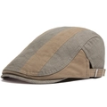 Men's khaki and grey patchwork flat cap with cotton linen texture and metal buckle - Adjustable [55-59cm] / Khaki