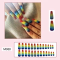 Rainbow gradient long coffin fake nails with glitter finish, 24 pieces set M080 - M080 Rainbow Glitter
