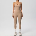 Two-piece yoga set with high waist leggings and thin strap sports top in beige - Medium Khaki