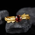 Close-up of S925 silver ring with red round gemstone and golden leaf textures - Natural Garnet Wheat Ear Ring LR139