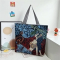 Artistic jacquard tote bag featuring female portrait and floral design with striped handles - Style 4 (Artistic Woman Red Background)
