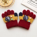 Cute red and yellow knitted toddler gloves with small blue fish and soft pom-poms - One Size (Suggested 0-3 Years Old) / Dark Red Fish