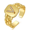 Adjustable golden chain ring with square top and V-shaped diamond letter V engraving - Letter V