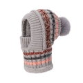 Grey knit winter balaclava hat with colorful wavy stripes and pompom detail - Gray