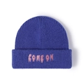Deep purple knit beanie featuring pink 'COME ON' embroidery and thick ribbed texture - One Size / Sky Blue