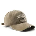 Vintage washed khaki baseball cap with white California embroidery in cotton twill fabric - Khaki