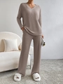 Detail of taupe knit lounge set featuring V-neck top and high waist wide leg pants - XS / Dark Khaki