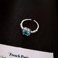 Adjustable silver ring with square light blue stone and zircon halo setting - 44# Silver Square Sky Blue Gemstone Hollow Open Ring