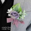 Lavender artificial rose boutonniere with green leaves on grey suit lapel 9x13cm - Vintage Purple