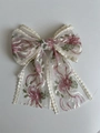 Lace bow hair clip in cream white featuring elegant pink and green floral embroidery - Medium - Pink Vine