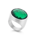 Chunky 22mm silver stainless steel ring with oversized faceted green gemstone inlay - Silver + Green Faceted Stone (KR48339-K)