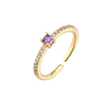 Golden open ring featuring a round purple zircon and micro-paved white crystals - Adjustable Open / Gold Purple Zirconia