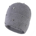 Gray knitted beanie for women with silver pearls and warm fleece lining shown at 45 degrees - Adult / Dark Gray