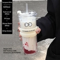 600ml vertical striped glass coffee tumbler with white silicone sleeve and straw - Gardenia White 600ml (With White Silicone Sleeve + Eye Stickers)
