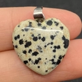 Polished Dalmatian jasper heart pendant in light beige with black spots and silver bail - 20mm / Dalmatian Jasper
