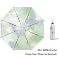 Automatic green and blue watercolor cloud umbrella with Summer text and silver coating - Automatic 3-Fold Green Clouds - Silver Coating