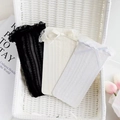 Three pairs of lace JK mid-calf socks with ruffles and bows in black, beige, and white - One Size / Ribbon Frill Black
