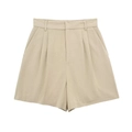 Women's summer beige high-waisted linen shorts with front pleats and side pockets - XS / Pants / Khaki
