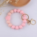 Pink silicone beaded keychain bracelet with 3D flower charm and golden lobster clasp - Pink Rose