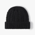 Bonnet noir épais en tricot torsadé avec texture mohair douce et bordure à revers - Noir