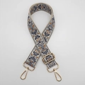 Detail of floral embroidered beige bag strap with blue patterns and gold metal buckles - Beige Grey Brown Gold Hook