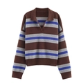 Pull en maille rayé pour femme avec col polo et manches longues, style décontracté marron - S / Rayures Bleu Café