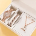 Elegant 5-piece rose gold jewelry set including crystal watch, bracelet and necklace - Three-Eye Rose Gold (Orange Box)