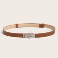 Close-up of brown textured leather belt with silver rhinestone buckle and metal clasp - Rhinestone Buckle (Silver) Cross Pattern Adjustable Belt (Brown)
