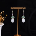Detail of butterfly fringe earrings with teardrop pearls and green enamel elements - E3207-1 (Retro Cyan Enamel Water Drop)