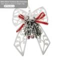 Christmas bow ornament with pine cones and red berries on white glitter base 10x14cm - White Type K - Glitter Bow