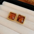 Close-up of leopard print resin earrings with gold metal frame in a soft jewelry box - Square Marble Pattern with Gold Frame (27# Silver Earring Post - Gold - Coffee - Square)