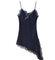 Detail of dark blue silk dress showing delicate lace trim and asymmetric hemline - S / Navy Blue