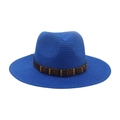 Chapeau fedora en paille bleu klein avec bande de coquillages pour plage et protection solaire - Taille unique / Chapeau de Paille Bleu Roi (Bande en Cuir Café)