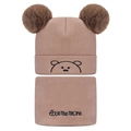 Winter knit baby hat and neck scarf set with dual faux fur pom-poms in dusty pink - Beige