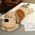 Plush long dog body pillow in khaki curly fur wearing a striped orange and black t-shirt - 95cm / Rose Velvet Cream White Tiger Stripe