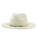 Close-up of woven straw hat with bohemian bead band featuring turquoise detail - Creamy White