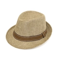 Kids linen fedora sun hat in light brown with striped ribbon trim on white background - 58cm / Beige