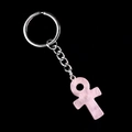 Pink quartz Ankh cross keychain with silver metal ring and chain on a black background - Rose Quartz