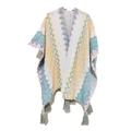 Knitted boho poncho with white base and colorful wave pattern featuring tassel fringes - Cardigans / White Yellow Blue