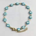 Gold stainless steel evil eye bracelet with blue enamel beads and adjustable chain - Sky Blue (B4201--L)