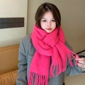 Pink faux cashmere scarf for winter with soft texture and chunky fringe details - Flame Pink