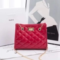 Quilted diamond pattern wine red shoulder bag with gold chain strap and metal lock - Red