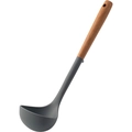 Deep grey silicone soup ladle with wooden handle and hanging hole on white background - Deep Gray Soup Spoon (with Stand)