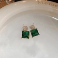 Macro detail of emerald-cut green crystal earrings with rose gold pave diamonds - Silver Pin-Green Square Crystal Earrings