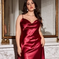 Plus size burgundy satin slip dress with elegant cowl neck and thin spaghetti straps - Solid Red