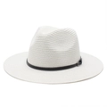 Detail of white straw fedora hat featuring a fine weave and black leather band with buckle - M (56-58cm) / White