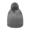 Grey knitted beanie with white heart patterns and a fluffy pom-pom on a white background - Grey (White Heart)