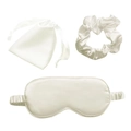 Three-piece white faux silk sleep set including sleep mask, scrunchie, and drawstring bag - No.16 Beige White 3-Piece Set