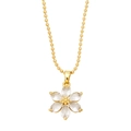 Elegant gold beaded choker necklace with a clear crystal flower pendant on white background - White